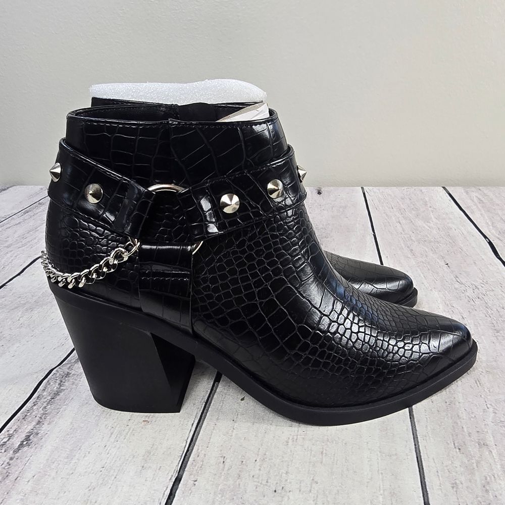 Soda Black Croc-Embossed Ankle Boots with Chain